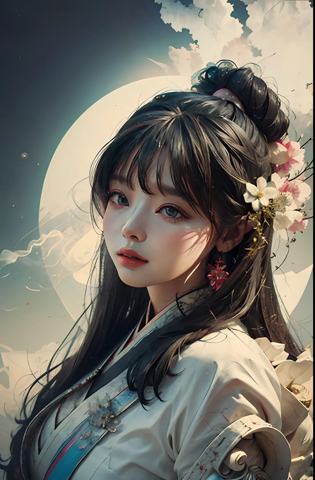 zhongfenghua, 1 chica, (cuerpo completo) solo, hanfu, campo de flores, florecer, (humo blanco:1.3) (Fotorrealista:1.4), zEnredar, mandala, Enredar, arte oficial, fondo de pantalla de unidad 8k, ultra detallado, hermoso y estetico, obra maestra,mejor calidad, (ángulo dinámico:1.4), piel brillante, (destellos de colores flotantes:1) La forma más bella de caos., elegant, un brutalista diseñado, colores vivos, Romanticismo Profundidad de campo,