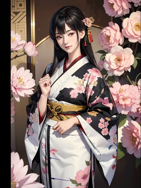 mature girl、a slight smile、black-haired、colorful japan kimono、nishijin ori、delicate and smart eyes、intricate damask hanfu、luxury...