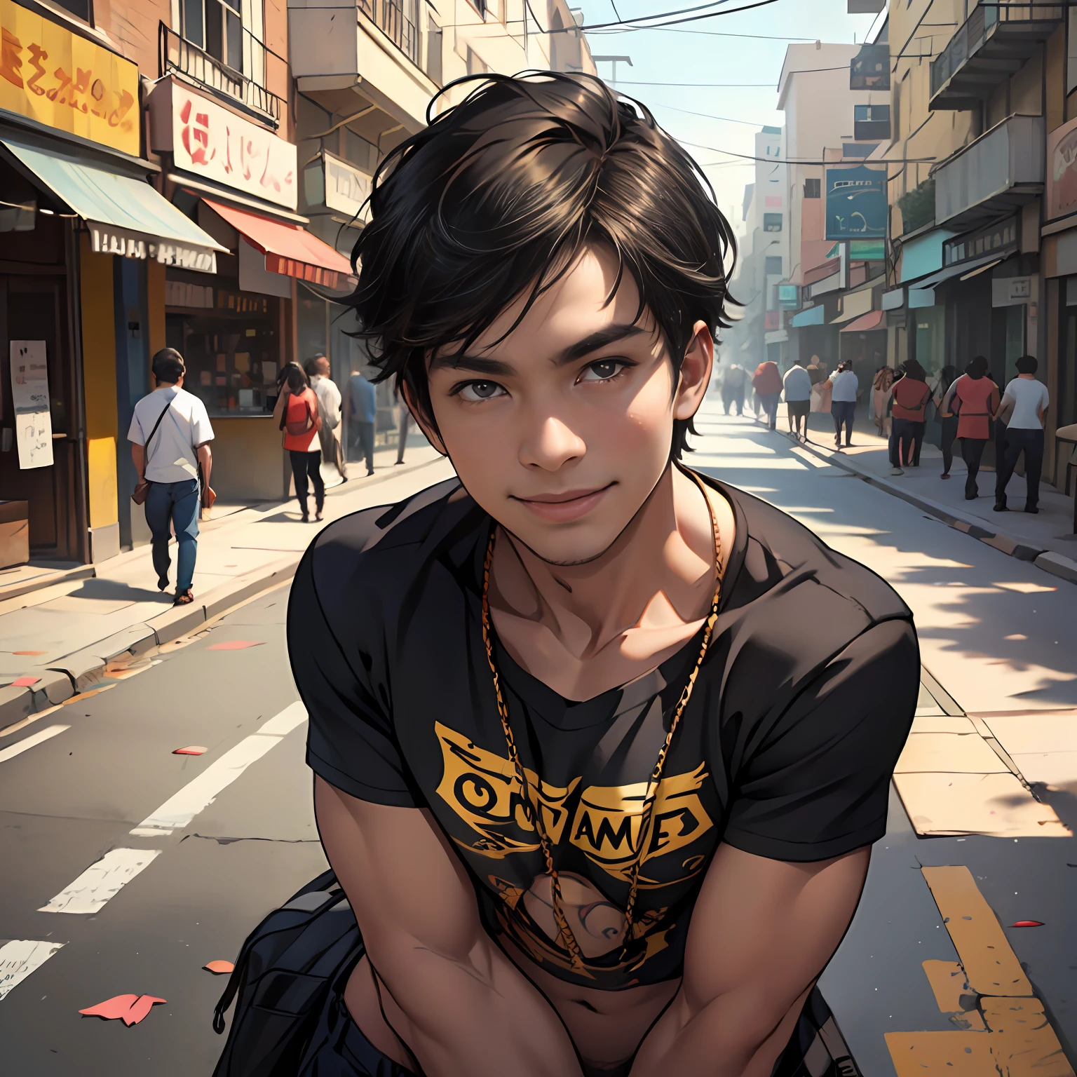 black t-shirt with gold ultra-realistic tight-fitting t-shirt, 16-year-old boy with brown cinnamon skin, toned athletic body straight hair,male serious thoughtful observer has a naked back black tight-fitting t-shirt walking, Smiling through the streets of a modern city, a Cernaco friend approaches him from behind and hugs him.