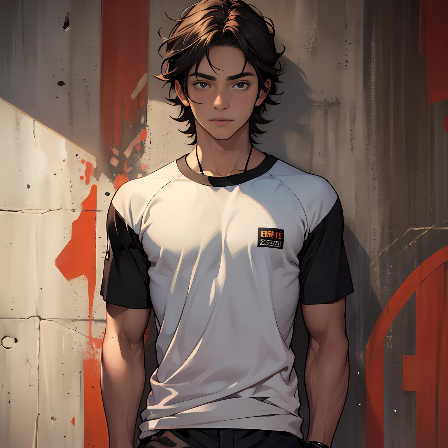 Ultrarealistisch, 16-jähriger Junge mit zimtbrauner Haut, getönter, athletischer Körper, glattes Haar,Ein ernsthafter, nachdenklicher männlicher Beobachter trägt ein schwarzes T-Shirt