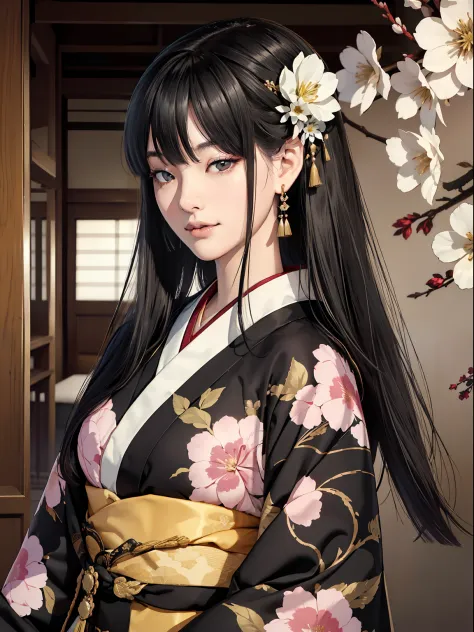Mature girl、Long black hair、A slight smile、Black-haired、Colorful Japan kimono、Nishijin Ori、Delicate and smart eyes、intricate dam...
