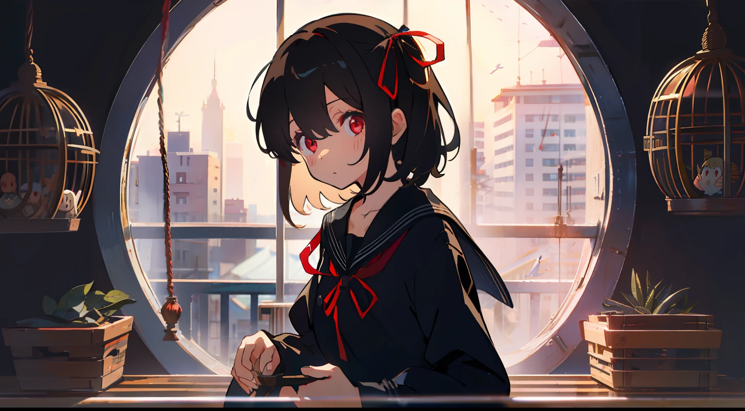 In the bird cage、One girl、A dark-haired、Physical education sitting、Black sailor suit、​masterpiece、Top image quality、top-quality、cute little、red eyes、Long、beautiful hairl、black backgrounds、Ribbon background