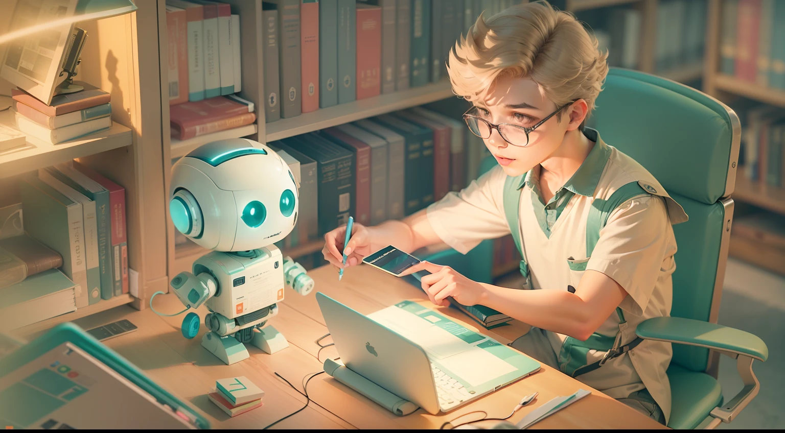 A AI Robot and a cute fairy boy are studying on the computer, (((Operate PC))), A Man happily conversing with a robot, no glasses, ((vintage)), ((retro)), muted color, pastel tetradic colors, 3D vector art, light background, cute and quirky, fantasy art, watercolor effect, bokeh, Adobe Illustrator, hand-drawn, digital painting, low-poly, soft lighting, bird's-eye view, isometric style, retro aesthetic, focused on the character, 4K resolution, photorealistic rendering, using Cinema 4D, (((Detailed interior of the library)))
