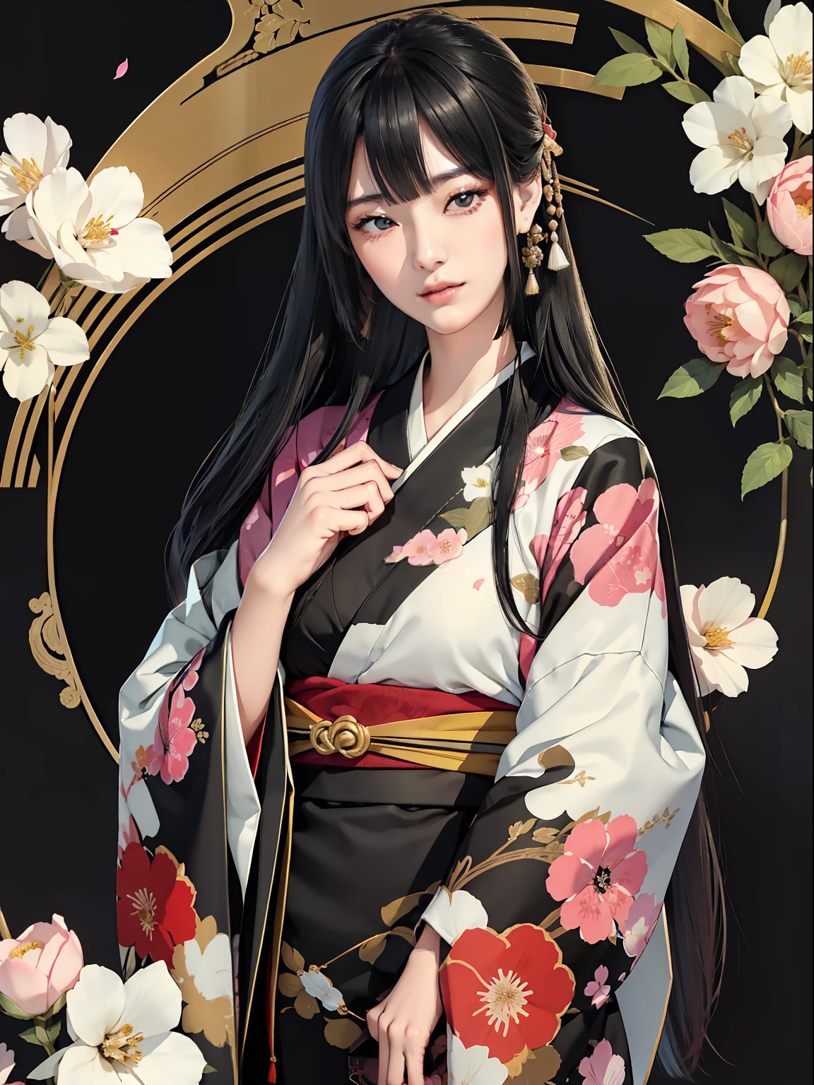 Mature girl、Long Black Hair、A slight smile、Black-haired、Colorful Japan kimono、Nishijin Ori、Delicate and smart eyes、intricate damask hanfu、Luxury accessories、FOV、F1.8、​masterpiece、complex scenes、flower petals flying、Diagonal portrait shot、