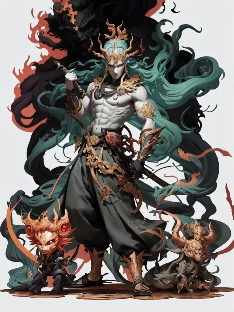 a drawing of a man with a sword and a demon, beautiful male god of death, mohrbacher, inspired by Shunkōsai Hokushū, in the art style of mohrbacher, asura from chinese myth, the god of chaos, inspired by Ryūkōsai Jokei, in style of peter mohrbacher