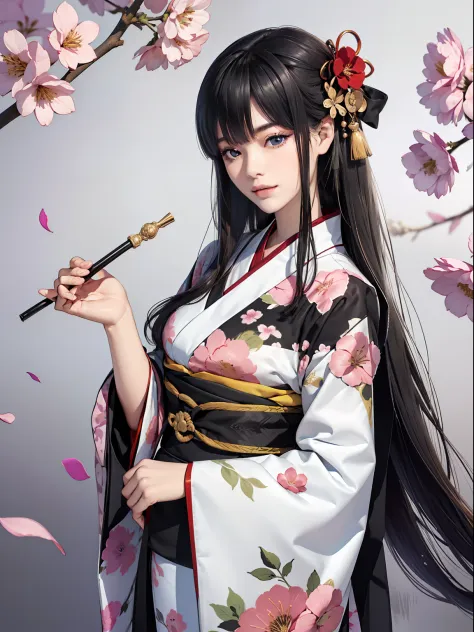 Mature girl、Long Black Hair、A slight smile、Black-haired、Colorful Japan kimono、Nishijin Ori、Delicate and smart eyes、intricate dam...