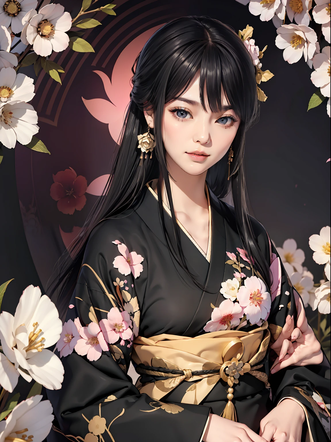 reifes Mädchen、langes schwarzes Haar、Ein leichtes Lächeln、Schwarzhaarig、Farbenfroher japanischer Kimono、Nishijin Ori、Zarte und kluge Augen、komplizierter Damast Hanfu、Luxus-Accessoires、Sichtfeld、f1.8、Meisterwerk、komplexe Szenen、Blütenblätter fliegen、Diagonale Porträtaufnahme、