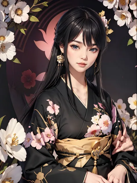 Mature girl、Long Black Hair、A slight smile、Black-haired、Colorful Japan kimono、Nishijin Ori、Delicate and smart eyes、intricate dam...