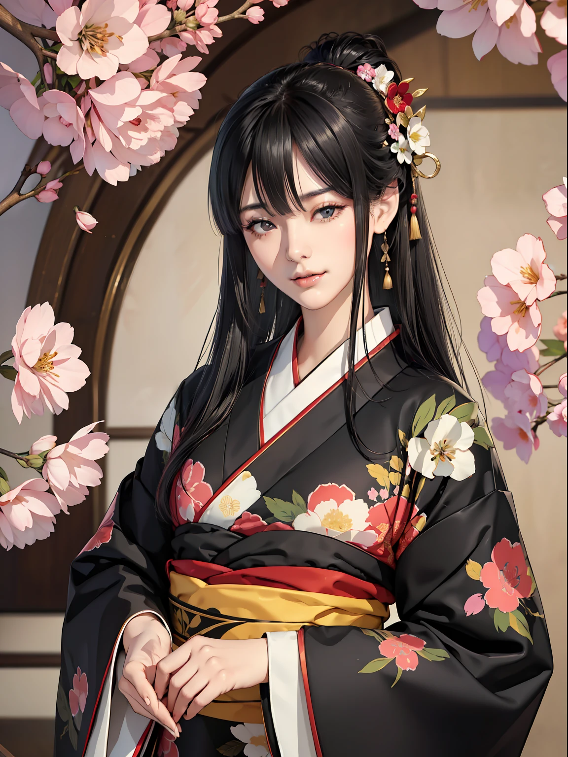 Reifes Mädchen、langes schwarzes Haar、Ein leichtes Lächeln、Schwarzhaarig、Farbenfroher japanischer Kimono、Nishijin Ori、Zarte und kluge Augen、komplizierter Damast Hanfu、Luxus-Accessoires、Sichtfeld、f1.8、Meisterwerk、komplexe Szenen、Blütenblätter fliegen、Diagonale Porträtaufnahme、