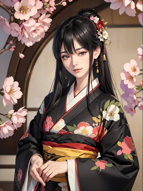 Mature girl、Long Black Hair、A slight smile、Black-haired、Colorful Japan kimono、Nishijin Ori、Delicate and smart eyes、intricate dam...