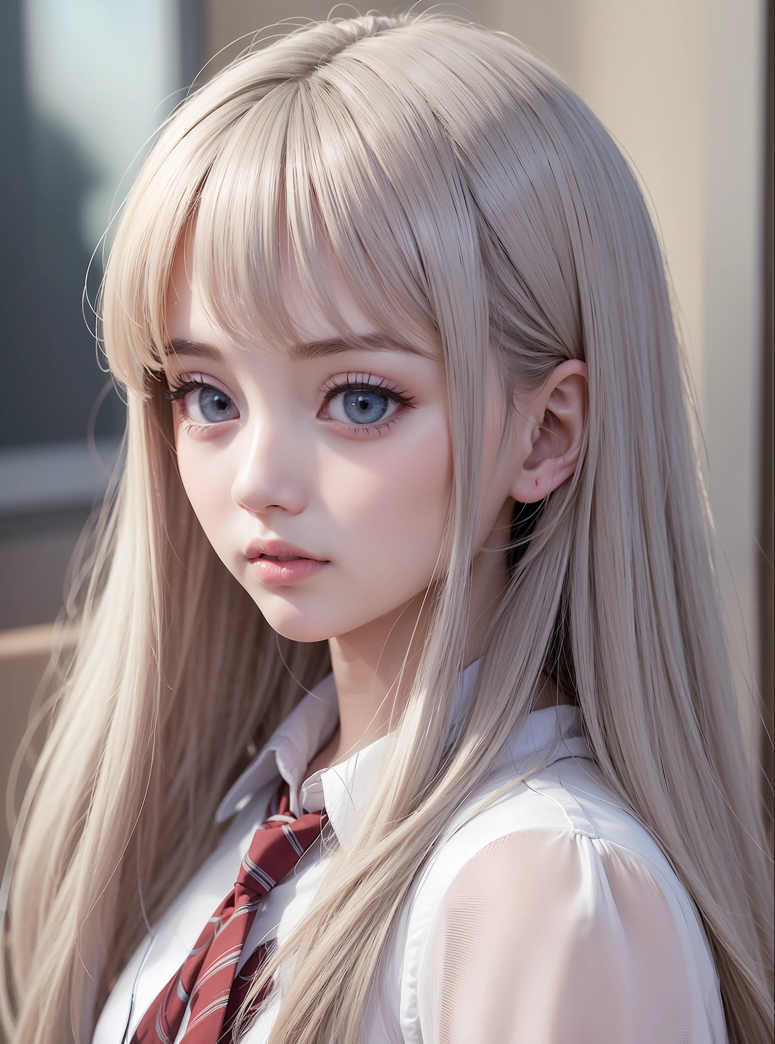 1 girl, Super long hair, Beautiful and cute 17 year old beautiful girl、Beautiful bangs、Ultimate Beauty、bright expression、Beautiful blue eyes, Bright and dazzling platinum blonde、Long straight hair、Eyebrows behind bangs、student clothes、School Uniforms、textured white skin, high details, Best Quality, 4K high resolution、glowy skin