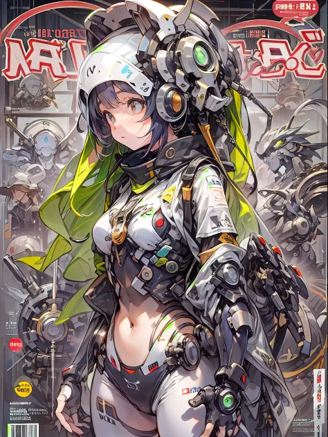 Manga magazine cover, menina bonito:1.2, roupas Techwear, Mechanical spider, Cabos, engrenagens, circles, fractais, art-station,...