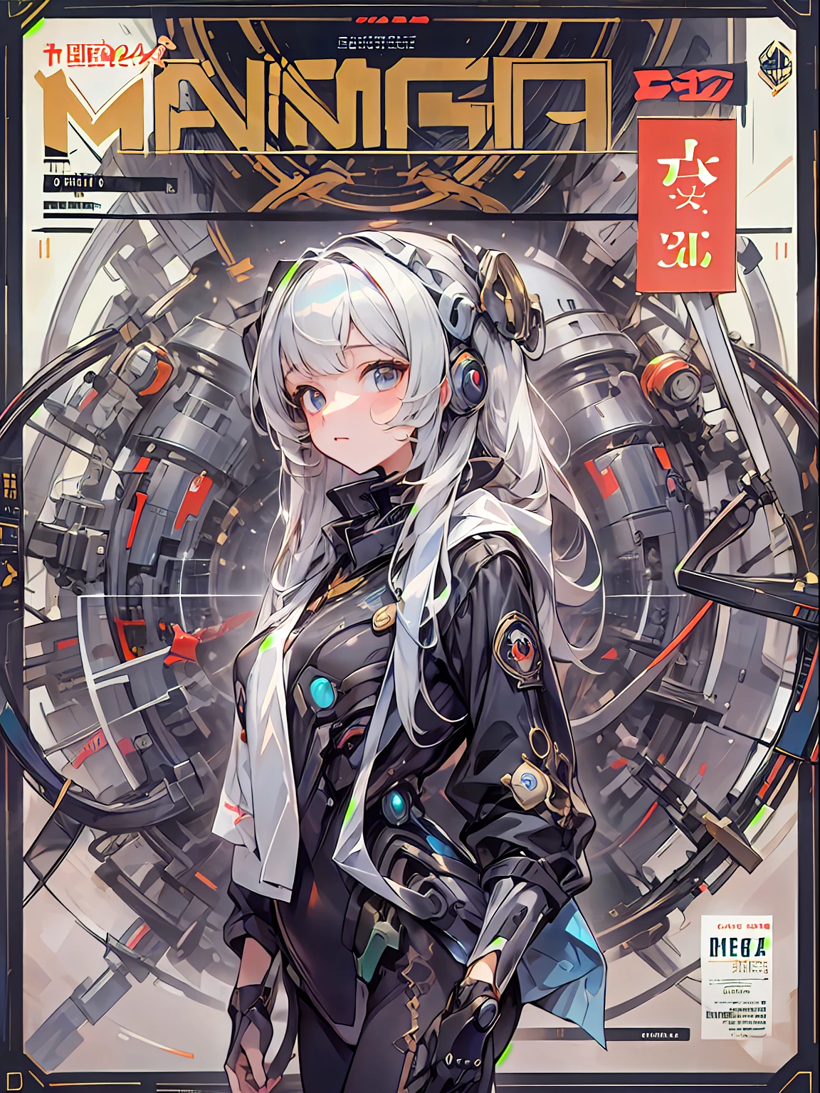 Couverture du magazine Manga,  beau:1.2, roupas Techwear, Araignée mécanique, câbles, Engrenages, cercles, fractales, station d&#39;art, CGSetnation, art Carlos Meglia