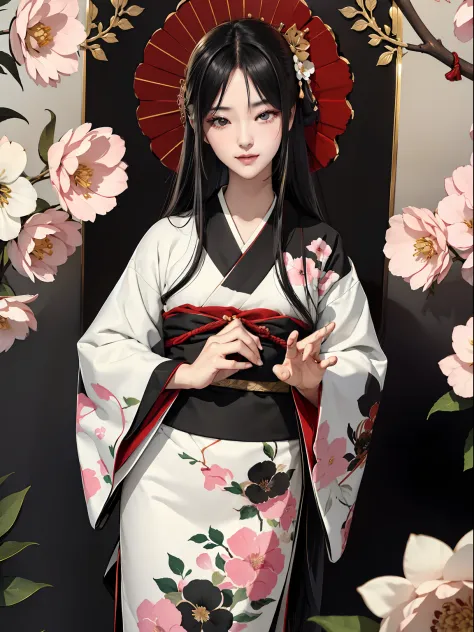 mature girl、long black hair、a slight smile、black-haired、colorful japan kimono、nishijin ori、delicate and smart eyes、intricate dam...