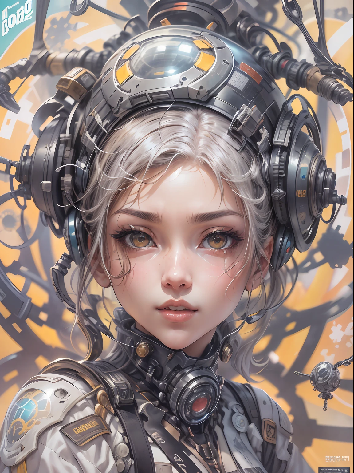 Manga magazine cover, expressive, luminous,menina bonito:1.2, roupas Techwear, Mechanical spider, Cabos, engrenagens, circles, fractais, art-station, CGSetnação, arte Carlos Meglia