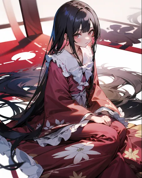 1girl, solo, best shadow, best light,orison.. kaguya, pink_shirt,red_dress,seated,  best shadows, best light, simple background,...