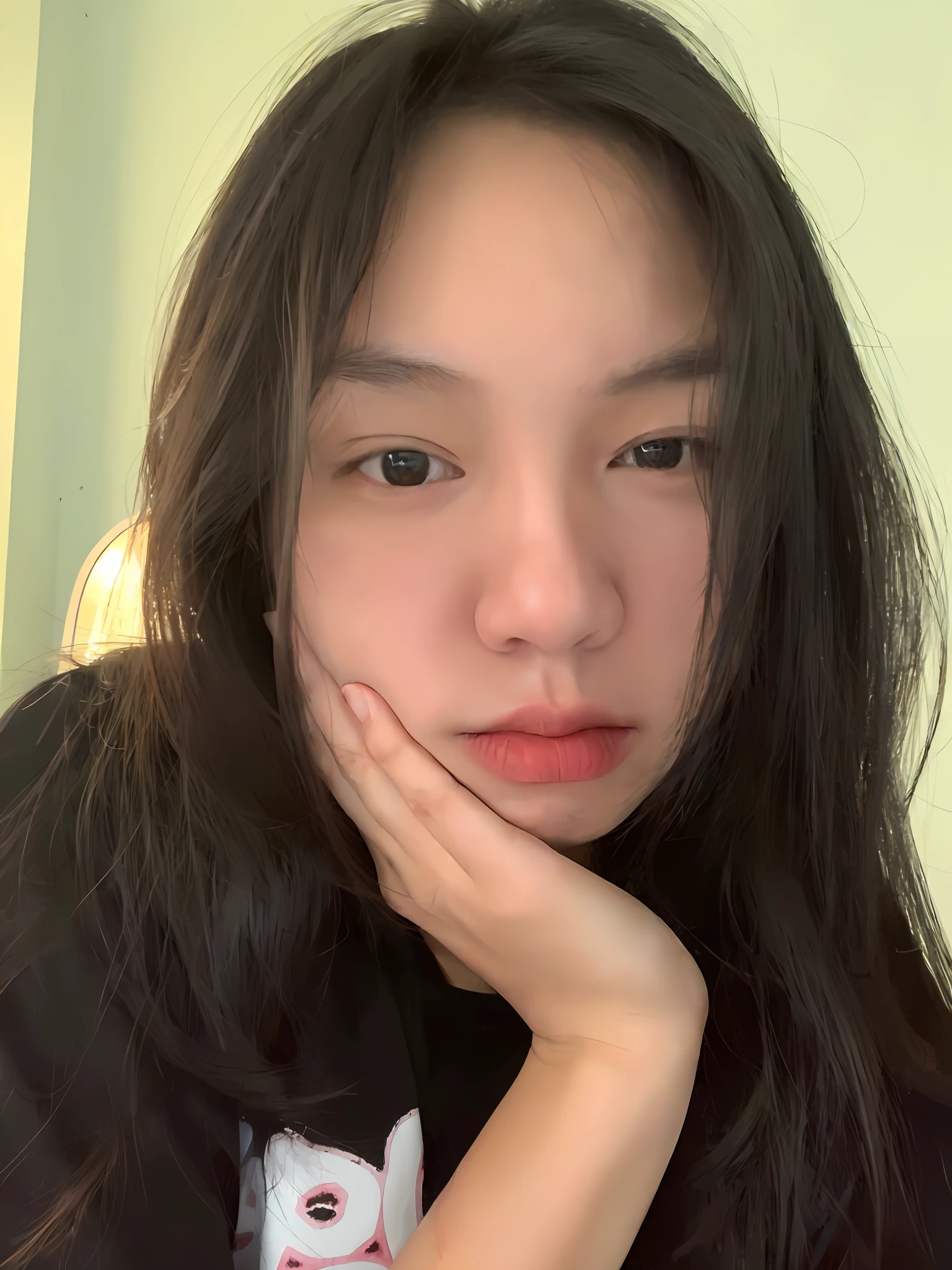 there is a woman with long hair and a black shirt posing for a picture, south east asian with round face, asian face, without makeup, with round face, pale round face, headshot profile picture, young cute wan asian face, small heart - shaped face, soft round face, face picture, small round face, clear cute face, with round cheeks