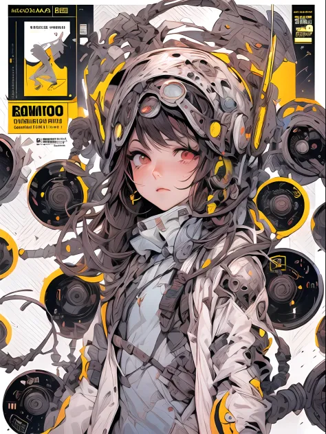 cover manga magazine, Expressivo, luminoso,menina bonito:1.2, roupas Techwear, Mechanical spider, Cabos, engrenagens, circles, f...