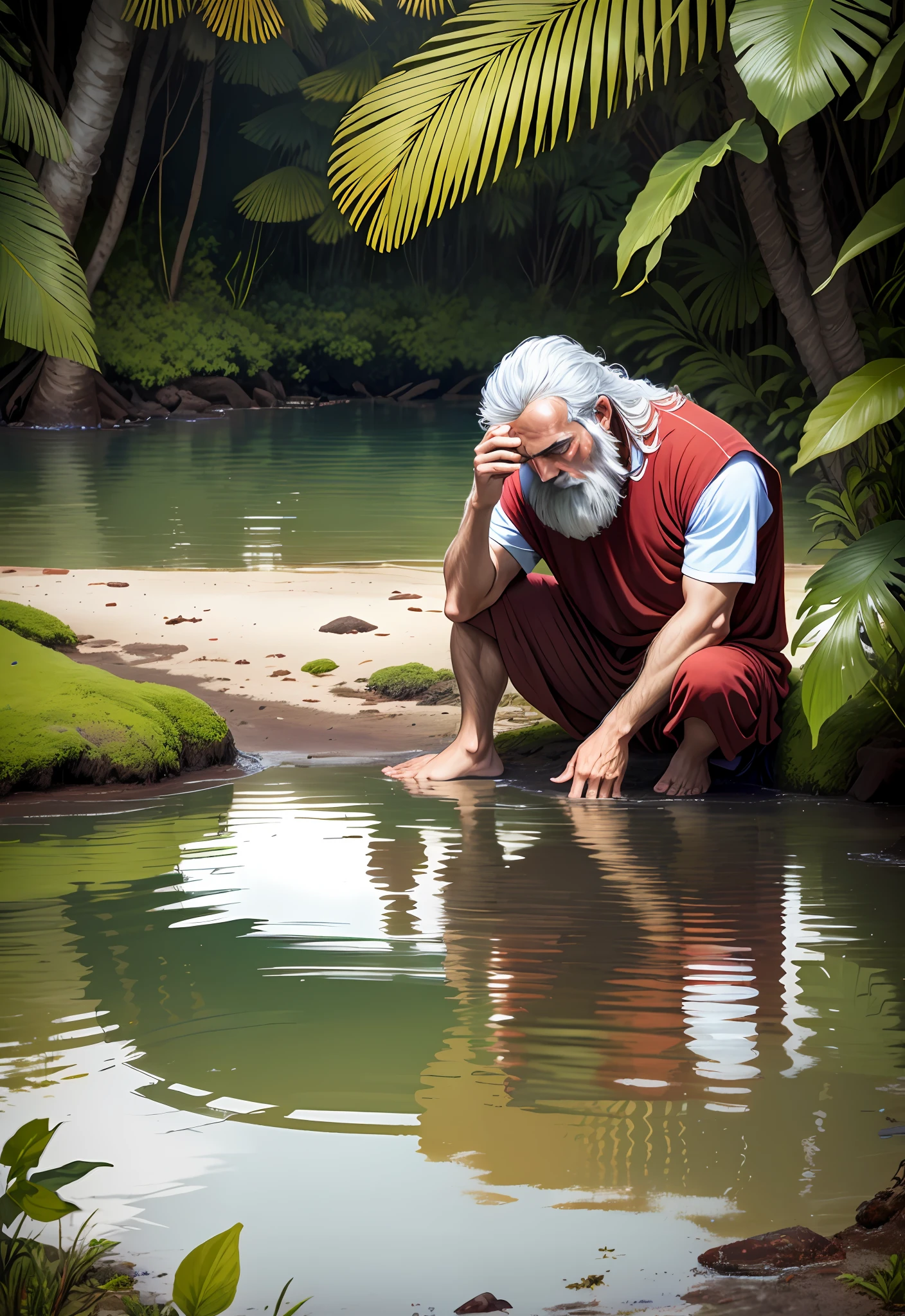 A man with a face similar to that of the Sacred Heart of Jesus, in the jungle of Colombia, thirsty, clothes in tatters, bearded, burned by the sun, feels sad and powerless and exhausted, kneels on the side of a lagoon and reclining on the edge of the lagoon, looks and sees his own reflection in the water.