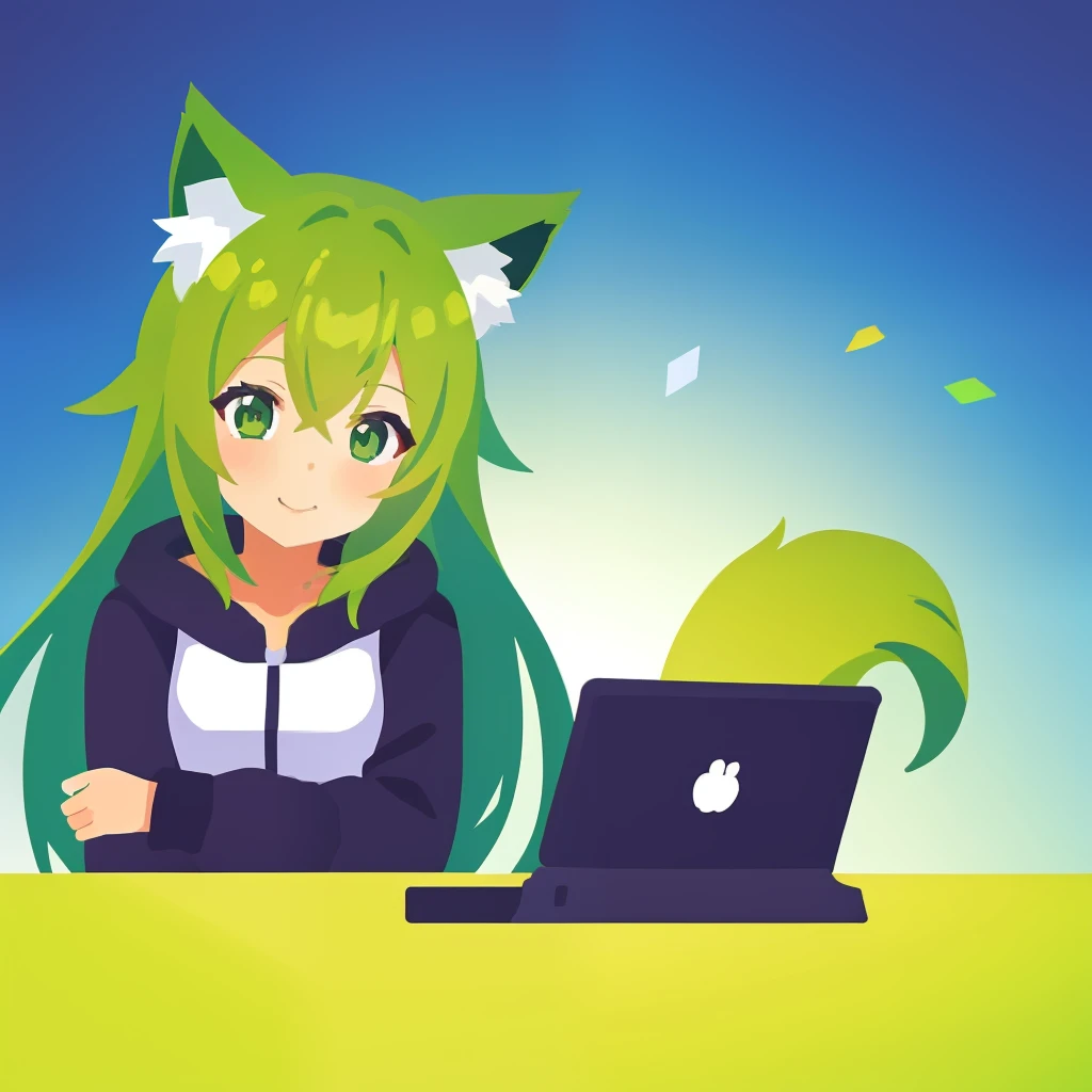 超A high resolution, nffsw, Best aesthetic, Best Quality, masutepiece, ik1、I am using a computer、1girl in、Jade-colored jacket、cartoon bone、Green Hair Anime Girl, anime moe art style, flat anime style, cute anime catgirl, Nekomimi, Anime girl with black cat ears,  digital anime illustration, Digital Green Fox, Sitting in front of a computer, girl with cat ears, In front of a computer, Plain white background in anime style