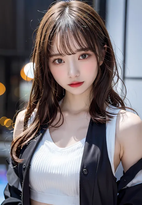 vests、​masterpiece、An ultra-high picture quality、realisitic、girl、(Beauty Face 1.4 Otome)、(mediummilk、Constriction waist)、Bokeh、micron、glowy skin、headw、Slim body、No shoulder straps、Bare shoulders、Beautiful clavicle clavicle off-shoulder、White crop top shirt
