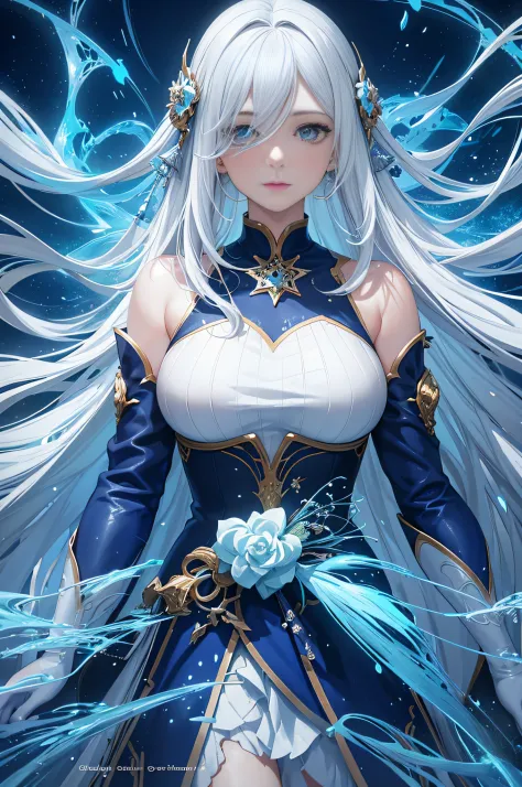 Anime girl standing in water with long white hair and blue dress, Detailed digital anime art, 2. 5 D CGI anime fantasy artwork, 8K high quality detailed art, Anime fantasy illustration, Fantasy art style, white-haired god, Anime fantasy artwork, epic exqui...