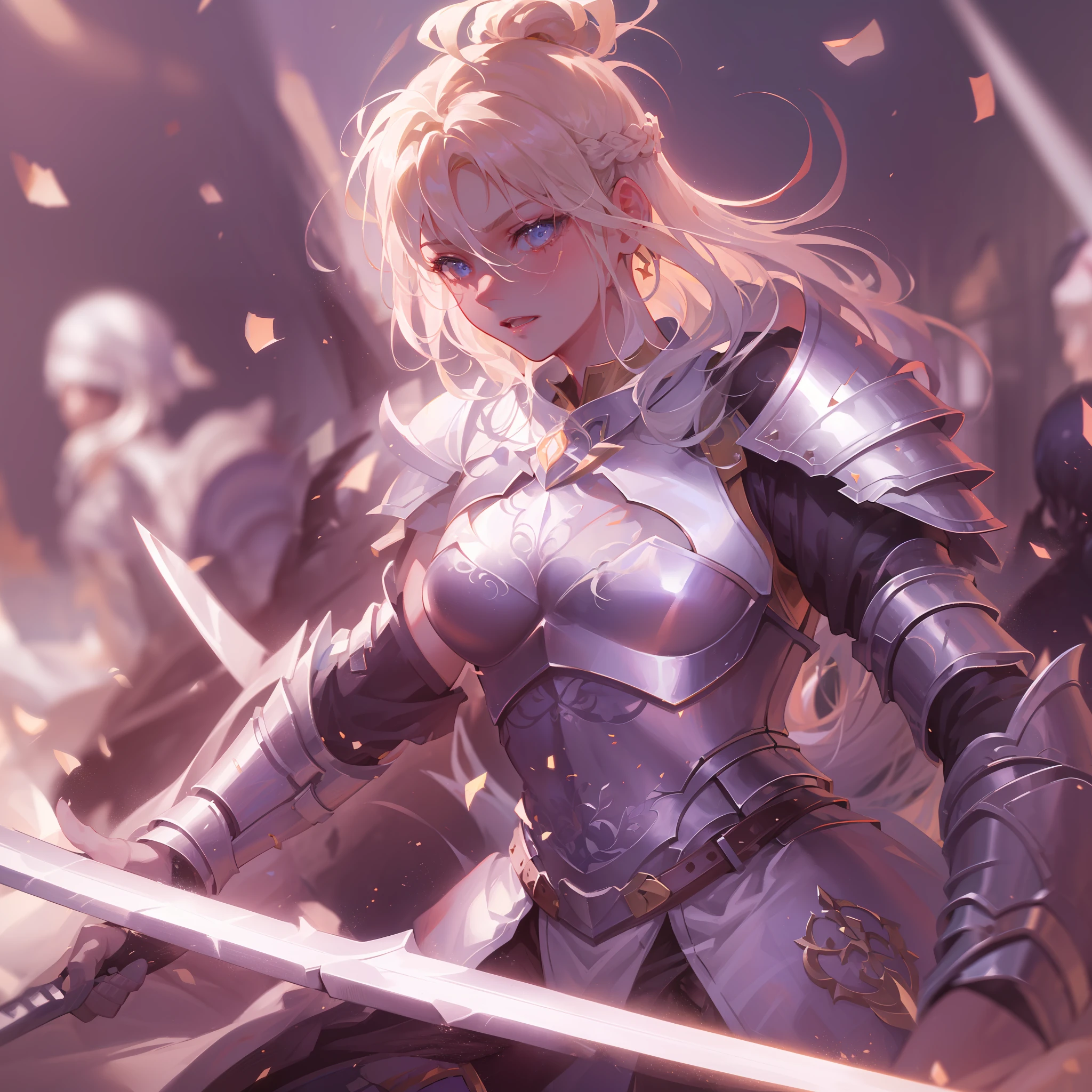 solo focus, (masterpiece), best quality, ultra-detailed, illustration, fantasy, (wide_shot:1.2), , (letterboxed), dutch angle, (((1 female warrior fighter, (ahoge, long, french braid blonde hair) (sliver armor) (sliver-white leg armor)  (holding blooding sword, fighting with enemies, surrounded by  armor enemies )))), , (a group of armor soldier running in background:1.3), light_particles, caustics, cinematic lighting, HDR, (volumetric lighting), (blurry foreground:1.3), (sharp focus:1.1), (particleA:0.8), (in the style of dispersion)