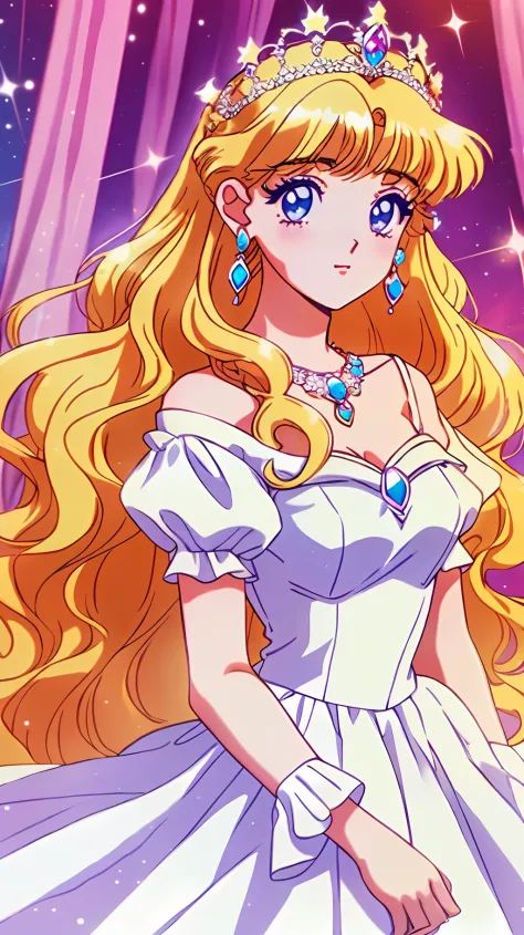 1 Princess，Thick blonde curls，(Gorgeous white dress、tiara crown、jewelry)，pretty eyes，Blush，pastelcolor，Retro anime，1990s anime，t...