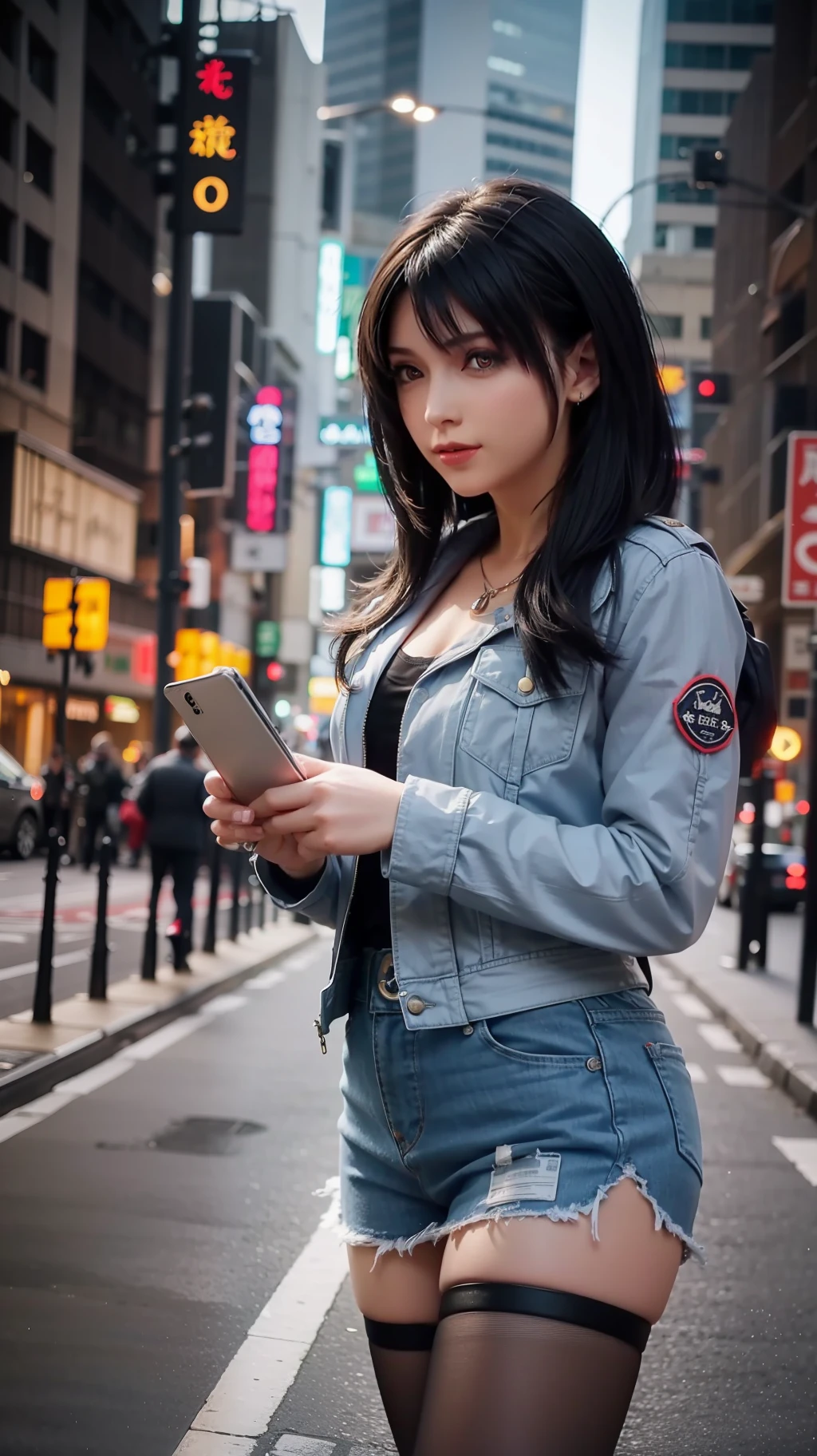 tmasterpiece，best qualityer，1girl，独奏，jaket，Hand in pocket，校服，serafuku，Stockings，bookbag，Black hair，黑The eye，cyber punk perssonage，the street，Machinary，the motorcycle，in a panoramic view，shelmet，speed-line，motionblur，depth of fields，ssee-through，in a panoramic view，Riding，Floating hair，the night，neon trim，Larger bust