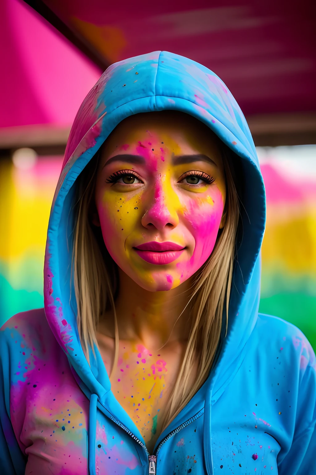 hermosa mujer universitaria americana, Usando sudadera con capucha, mirando al espectador, Festival de colores Holi, retrato, POV hiper detallado, por lee jeffries, Nikon D850, fotografía de archivo de película ,4 Kodak Portra 400 ,cámara f1.6 lentes ,colores ricos ,Híper realista ,textura realista, iluminación dramática , cinestill 800,