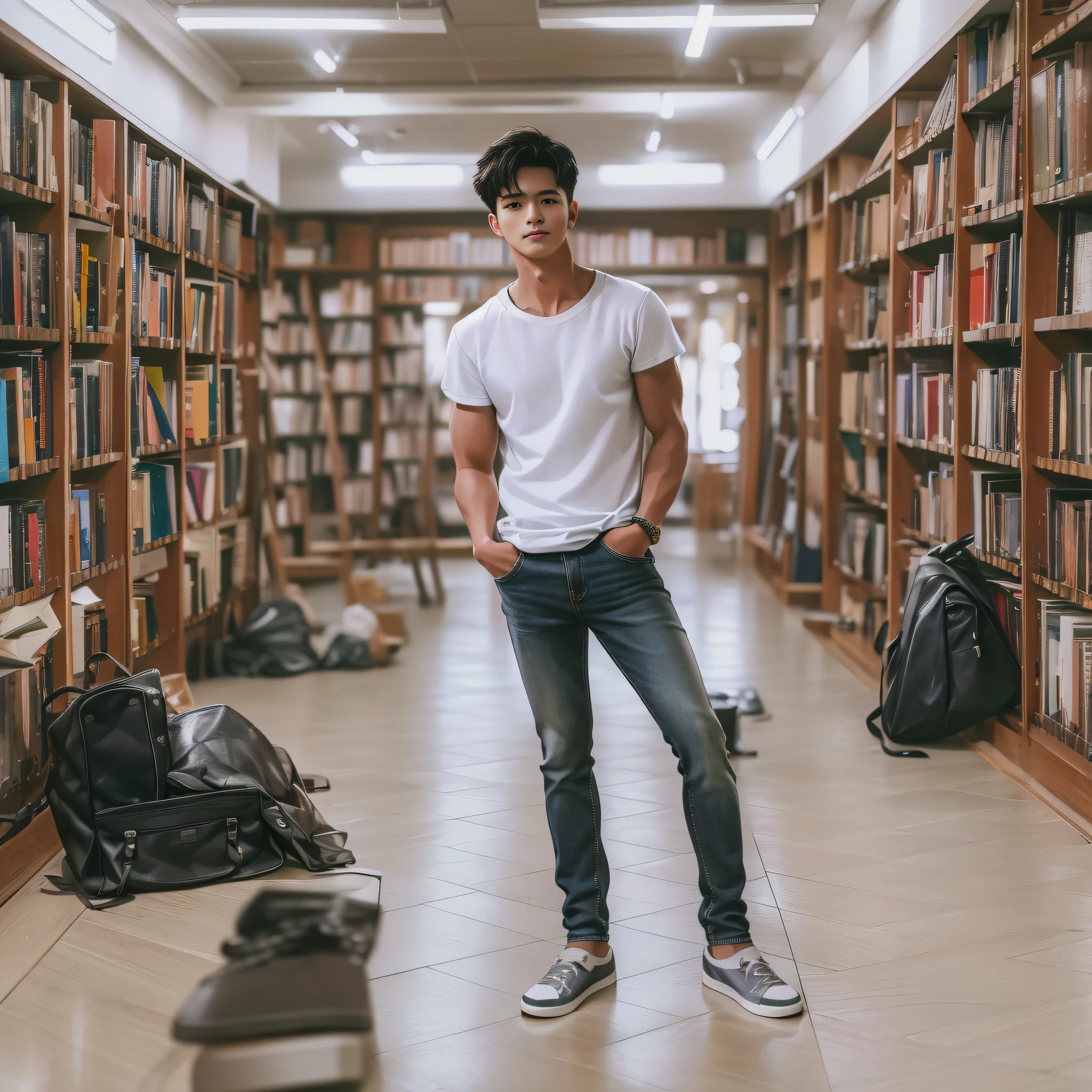 （8K，RAW photos，best qualtiy，tmasterpiece：1.2），（realisticlying，photograph realistic：1.37），（Long shots：1.5），A male classmate dresses in the library with his hands folded and his face flattering（White T-shirt and jeans），