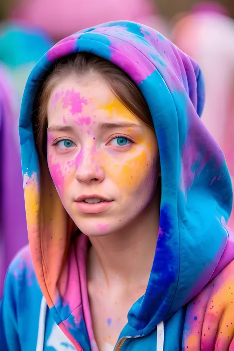 beautiful American college woman, wearing hoodie, looking at viewer, holi color festival, portrait, hyper detailed  POV, by lee ...