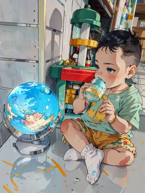 Your baby is drinking from a bottle，Look at the globe