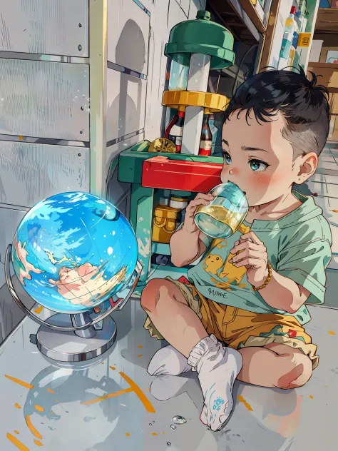 your baby is drinking from a bottle，look at the globe