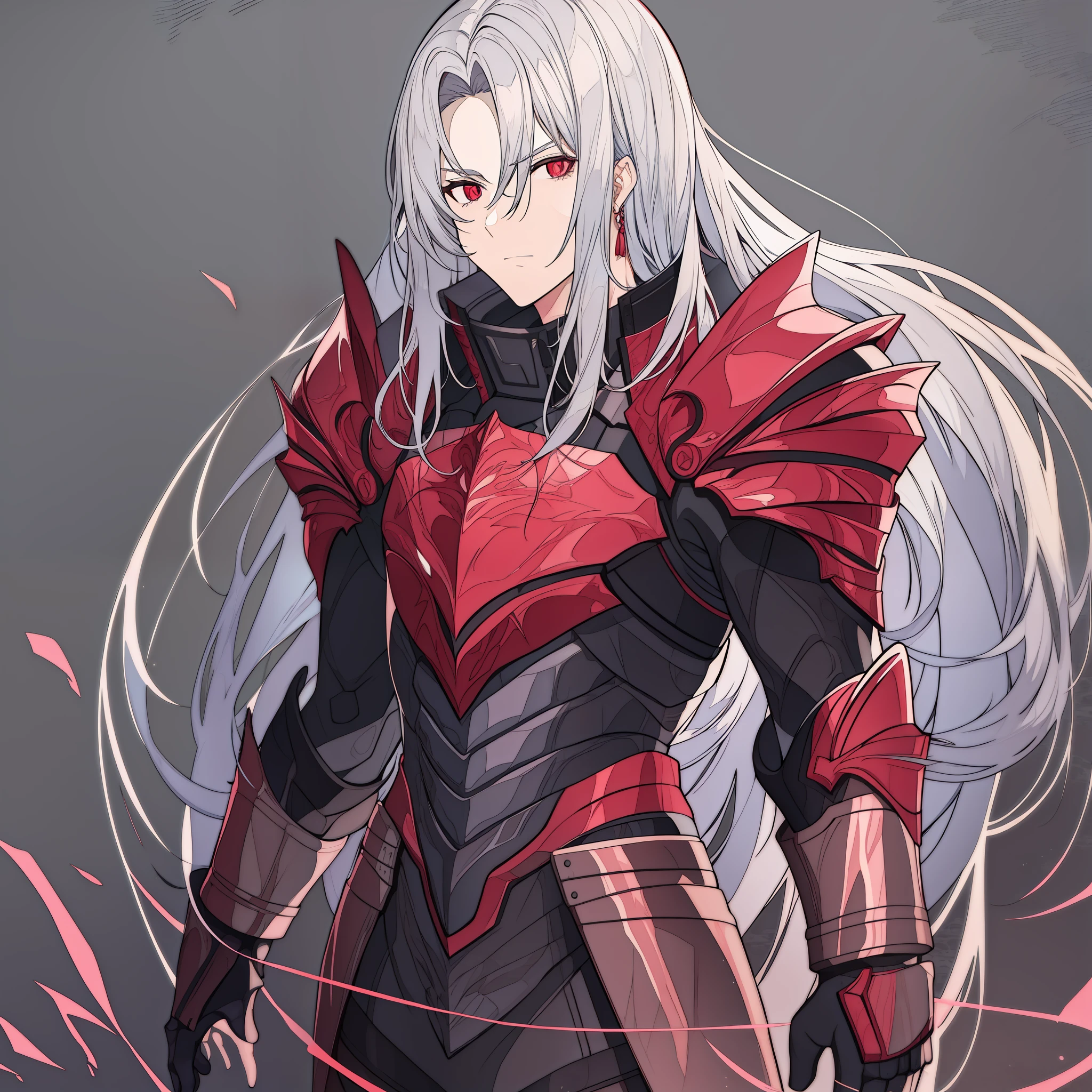 Older teenage male with red eyes and long silver hair, serious, in black and red armor