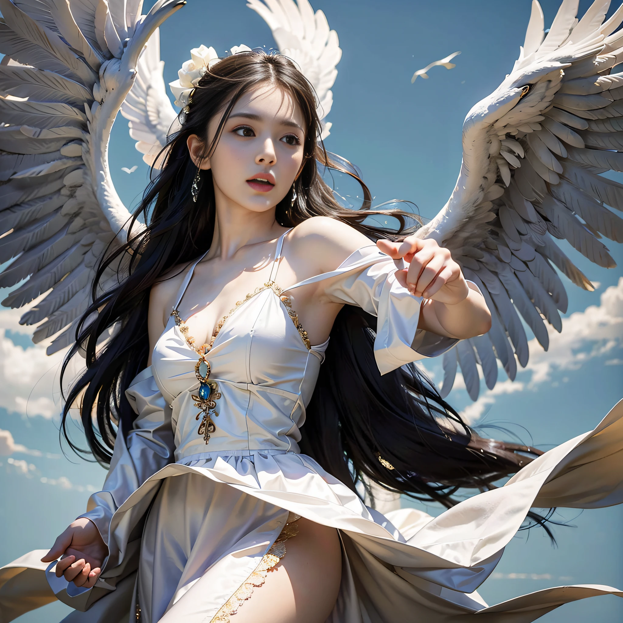 (8K, RAW photo, Best quality, Masterpiece:1.2), (Realistic, photo-realistic:1.37), Ultra-detailed,(detailed beautiful girl:1.4),1female，（White robe），A flowing white robe，A beautiful woman with grace，Ride a majestic phoenix，Soar through the clouds。The wind gently lifted her robe，As they gracefully navigate through the ethereal cloudscape，The feeling of flight is highlighted。