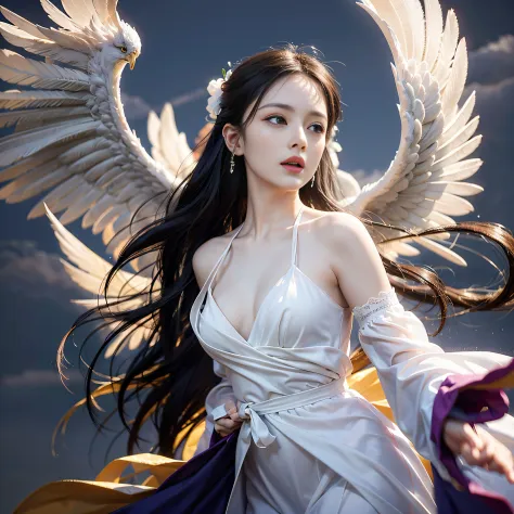 (8K, RAW photo, Best quality, Masterpiece:1.2), (Realistic, photo-realistic:1.37), Ultra-detailed,(detailed beautiful girl:1.4),1female，（White robe），A flowing white robe，A beautiful woman with grace，Ride a majestic phoenix，Soar through the clouds。The wind ...