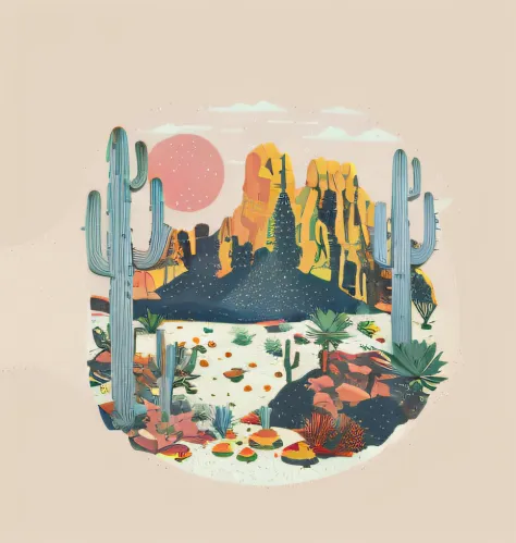 Retro,Desert close-up with cactus trees and rocks, desert mesa, desert composition, arizona desert, Landscape illustration, Dese...