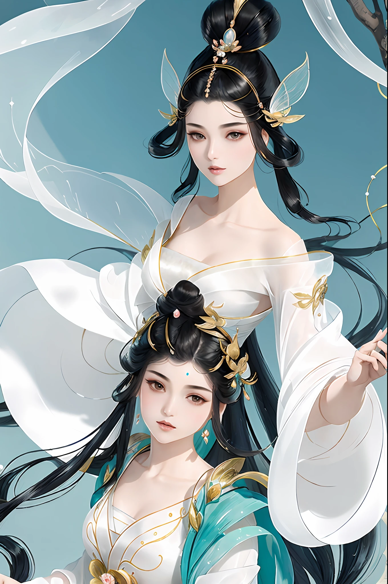 （1 game fairy beautiful girl dressed in white），Flowing sleeves，watery big eyes，Beautiful face and smooth fair skin，s delicate face，Flowing black hair，An ancient Chinese beauty，wearing ancient Chinese costume，Flowing tulle，Light shades，Light color，（clean backdrop），Ink painting style，Clean colors，Decisive cut，A white space，unarmed，tmasterpiece， Ultra-delicate，Epic composition，high high quality，HighestQuali，4K