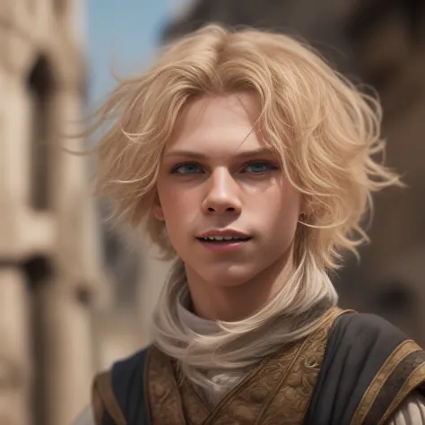 cinematic, photo, head and shoulder portrait photo, 1boyman, solo, 14 years old medieval fantasy boy acrobat, ashen blonde hair, eye-length, medieval fantasy acrobat nice clothes, weird, odd, soft features, slightly crazy, troublemaker, intelligent look, c...