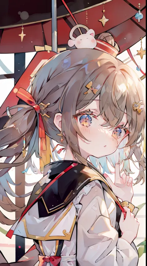 One girl、Brown hair、One knot、Red ribbon on head、cute little、​masterpiece、Top image quality、top-quality、Ribbon background、onepiec...