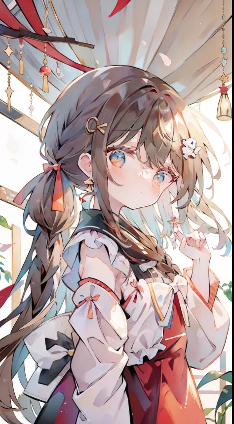 One girl、Brown hair、One knot、Red ribbon on head、cute little、​masterpiece、Top image quality、top-quality、Ribbon background、onepiec...