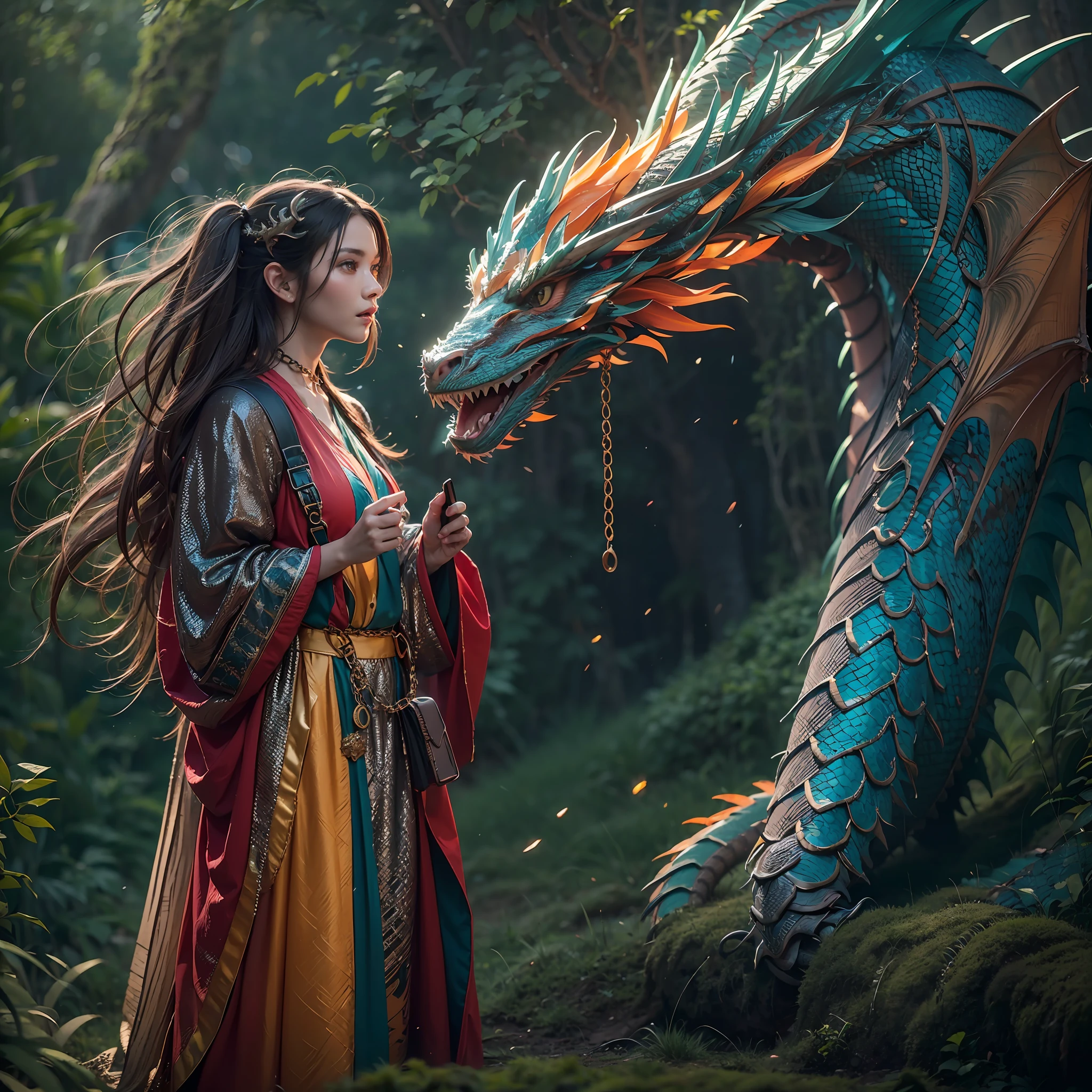 A beautiful girl with a dragão arco-íris, ((menina vestindo um longo manto)), (usando cota de malha: 1.4), (calças compridas de pano: 1.2), (cota de malha com padrões de escamas de dragão), características faciais perfeitas, rosto delicado, cabelo longo, gracioso, sabedoria, Coragem, dragão arco-íris, escalas, chifres, chamas, asas, garras de dragão, dragão protegendo a menina, plano de fundo para floresta antiga, Conexão misteriosa, proteção, confiar, qualidade realista, Realismo, 8K, melhor qualidade, Obra de arte, qualidade cinematográfica, Alto claro-escuro, renderização de octanas