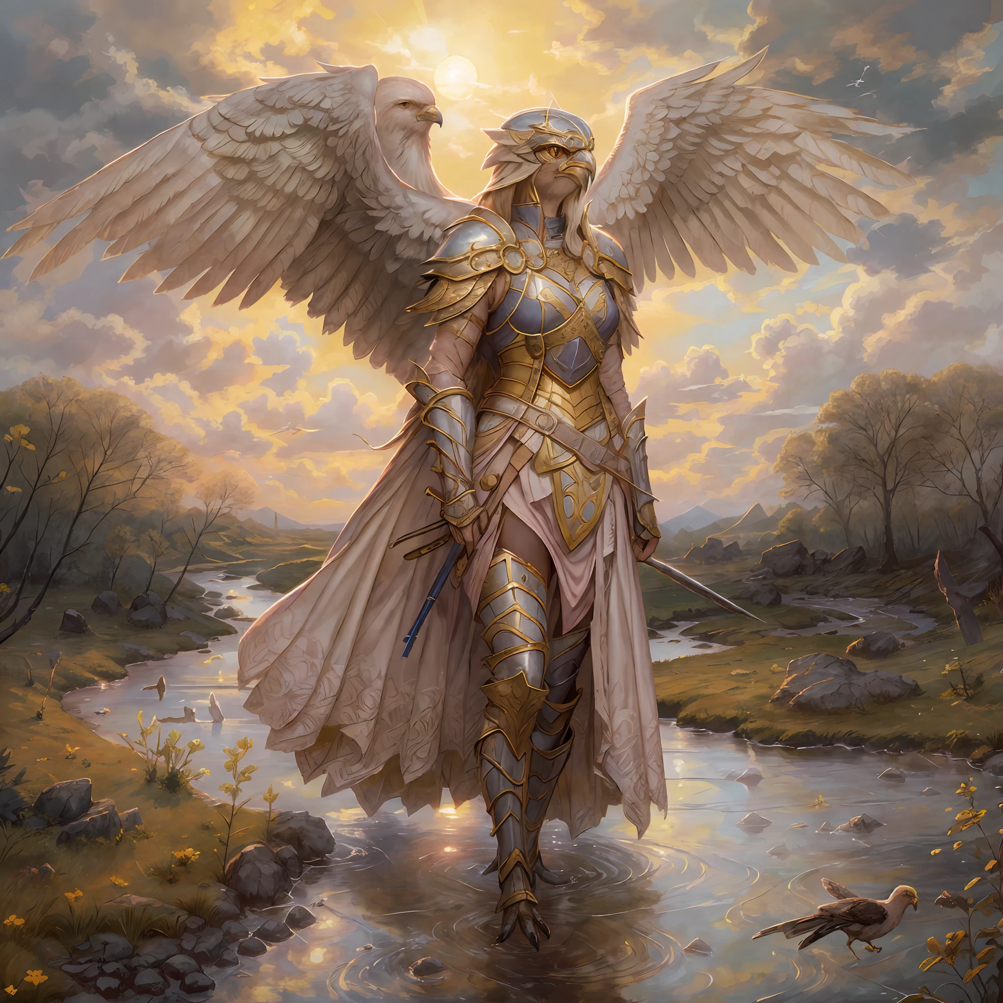 obra maestra, mejor calidad, (solo), pintura de Aven una mujer pájaro rosa plateado con armadura, entorno medieval, en una corriente, cielo amarillo detallado, beautiful setting sun, dawn, capas de nubes oscuras, volador, volador over a tundra, vista aérea, dinámica