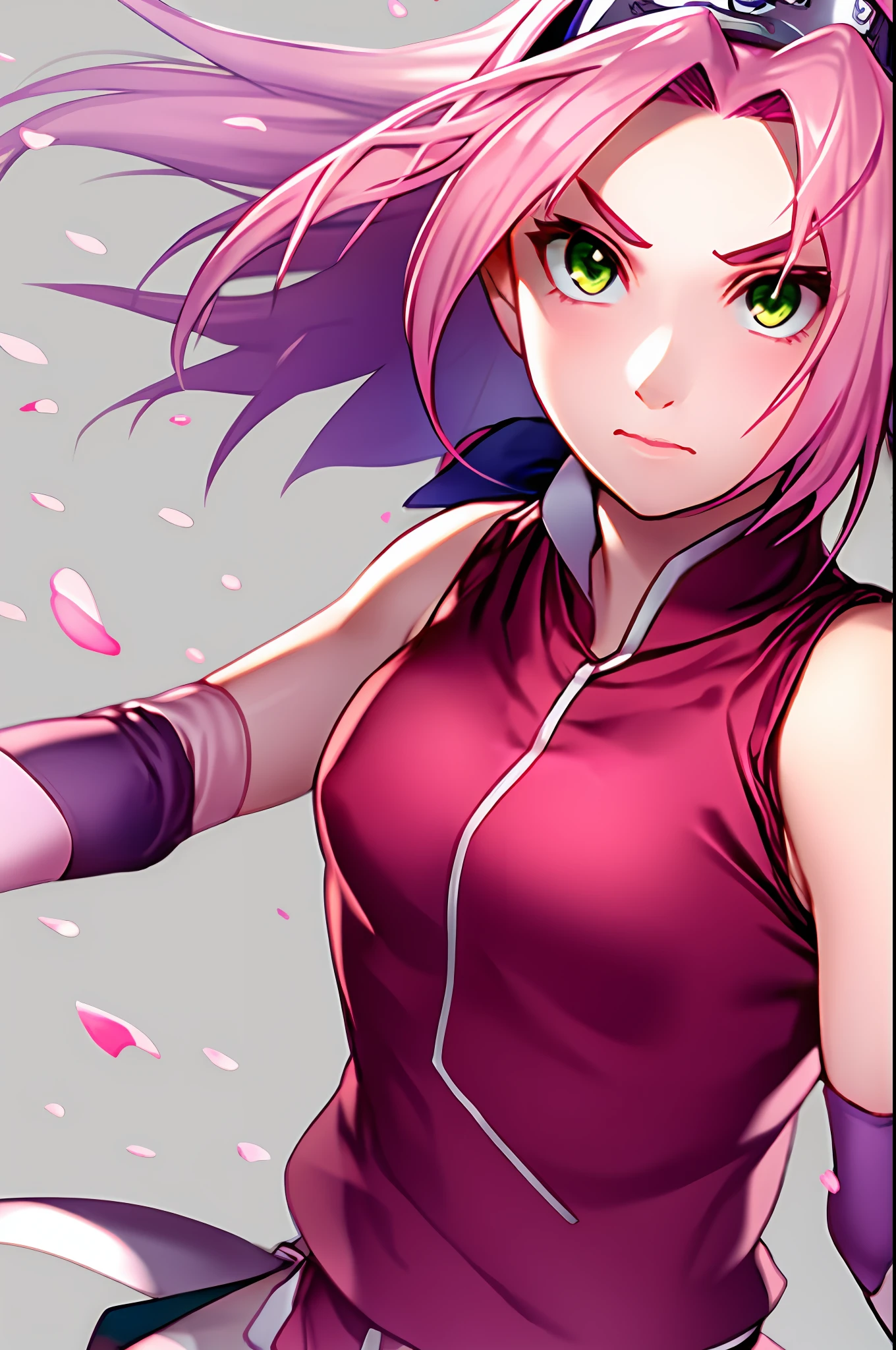 haruno sakura, naruto \(series\), naruto shippuuden, cherry blossoms, detailed background,

1girl, konohagakure symbol, bangs, breasts, closed mouth, elbow sleeve, eyes visible through hair, floating hair, forehead protector, foreshortening, green eyes, hair intakes, hairband, looking at viewer, parted bangs, pink hair, red shirt, shirt, short hair, sleeveless, sleeveless shirt, small breasts, solo, upper body, v-shaped eyebrows, white background, wind, portrait,
, ((masterpiece))