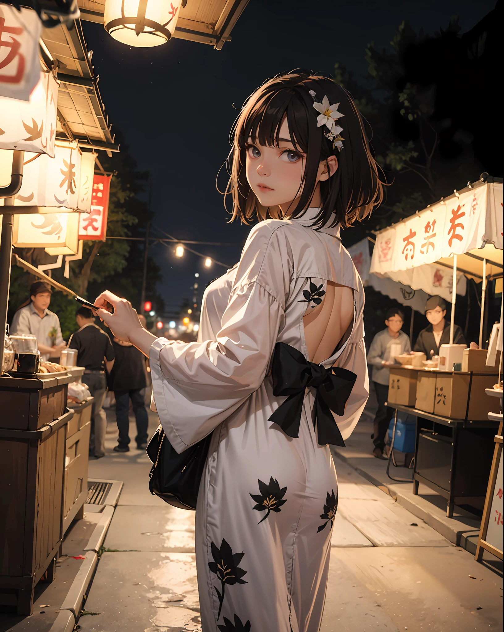 masterpiece, best quality, ultra-detailed, illustration, omatsuri, food stand, 1girl, beautiful eyes, looking at viewer, from behind, cowboy shot, looking back, yukata, tree, outdoors,road, walking,  crowd, night, lantern, festival, food, pavement, crosswalk, paper lantern, lamppost, brown hair, night sky,