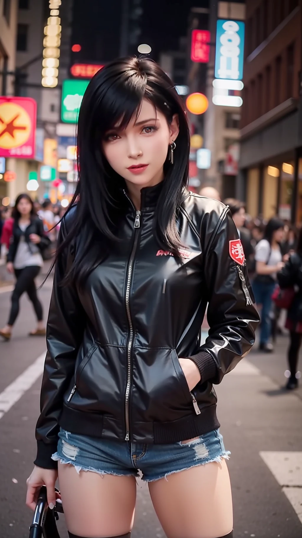 tmasterpiece，best qualityer，1girl，独奏，jaket，Hand in pocket，校服，serafuku，Stockings，bookbag，Black hair，黑The eye，cyber punk perssonage，the street，Machinary，Riding a motorcycle，in a panoramic view，shelmet，speed-line，motionblur，depth of fields，ssee-through，in a panoramic view，Riding，Floating hair，the night，neon trim，Larger bust