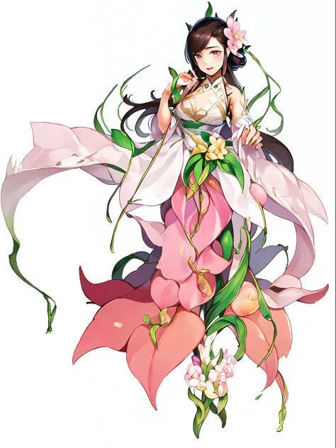a close up of a person in a pink dress holding a shuriken, flowing hair , Ponytail and long robes, full body xianxia, , Monster ((boy)),(Digimon\(creature)\0.4), (Peach Blossom themed:1.2), (Fairy), ((Pink Claw like armd s:1.4)), (( plant person:1.6))