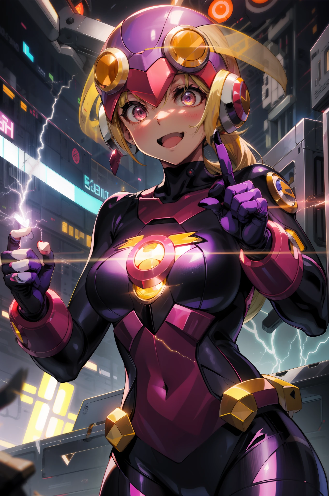 masutepiece,Best Quality,1girl in,roll_...exe_megamanbn,(helmets),Blonde hair,Long hair,Leotard,Pink eyes,Purple bodysuit,body suit,Eyes without light,moderate breast bulge,Thin laughter,nails with sharp fingertips,Tied to a machine,glowing circuit background,Black lightning strike
