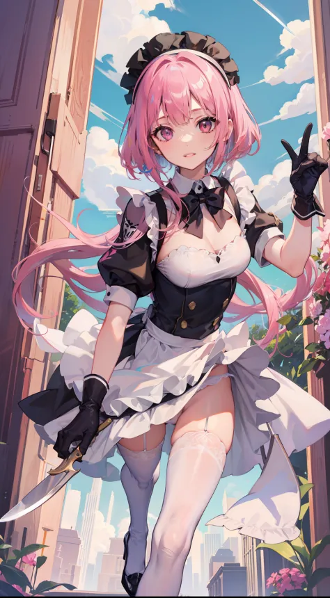 A pink-haired，the maid outfit，white long gloves，Hold two knives in both hands，White panty hose，white stockings，black heels，Make ...